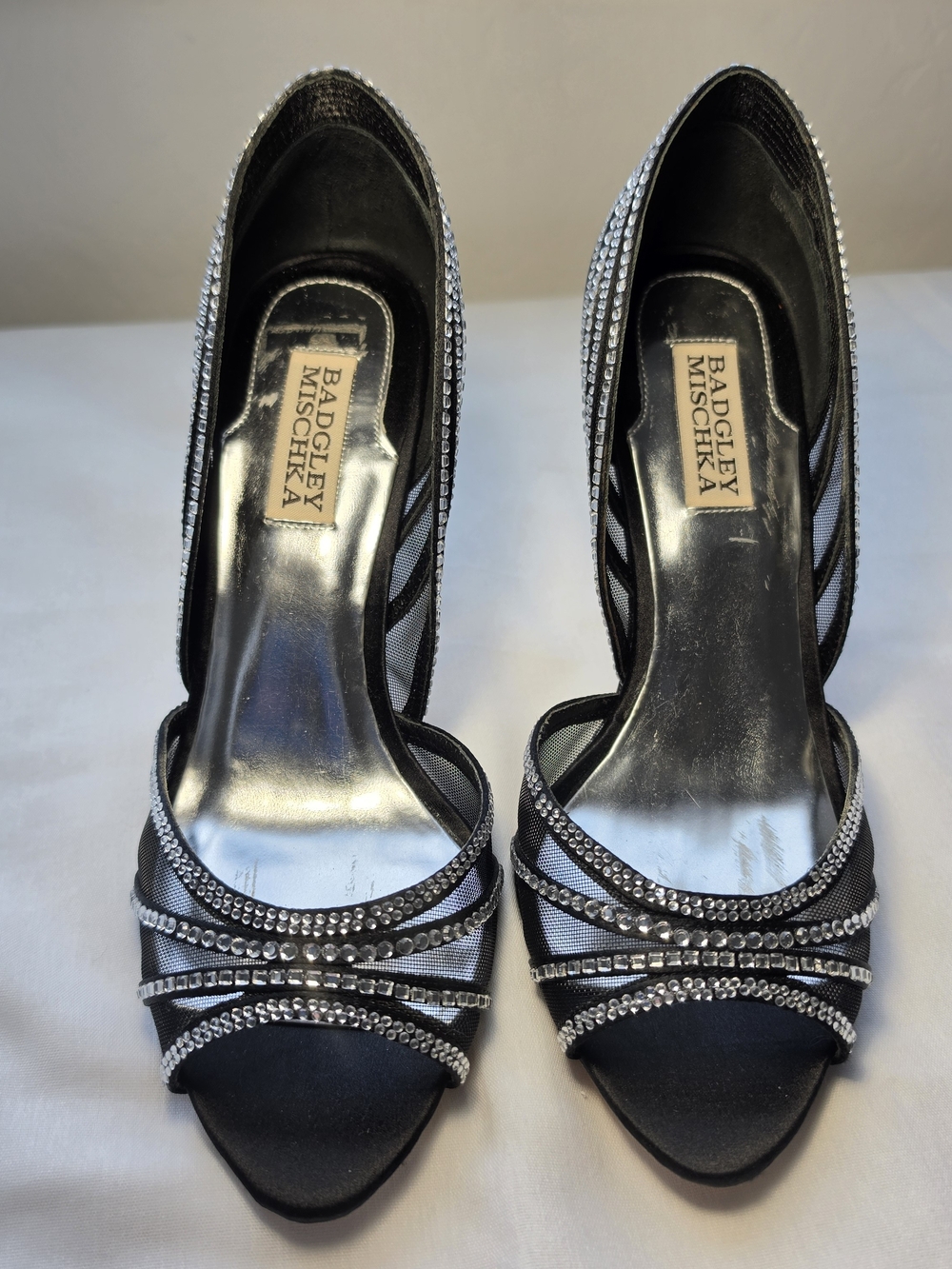 Badgley Mischka Glynn Black Satin, Mesh & Rhinstones Women's Heels Size 7.5